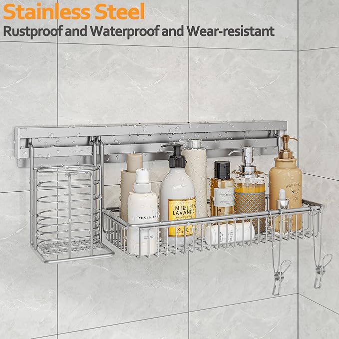 MINGLING Stainless Steel Shower Caddy, 41 cm Wall Back Crossbar Rustproof Shelves with 2 Long Tail Hook Clip, Large Capacity Bathroom Organizers and Storage