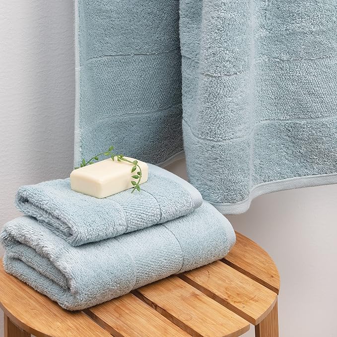 Aston & Arden Aegean Terry Wash Cloths - Set of 8 - Ringspun Turkish Cotton Thick and Soft Absorbent Luxury Hotel and Spa Bathroom Towel, 600 GSM, 13 x 13 in, Sterling Blue