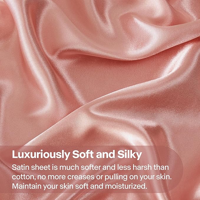 BEDELITE Satin Sheets Full Size Bed Set, Luxury Soft Rose Pink Silky Sheets for Hair and Skin, Similar to Silk Bed Sheets Set 4 Pieces with 1 Deep Pocket Fitted Sheet, 1 Flat Sheet, and 2 Pillowcases