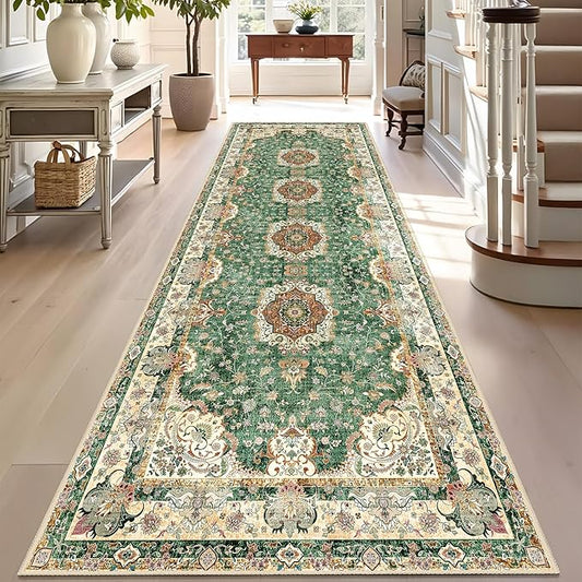 Washable Runner Rug 2'x8',Green Rug Runners Non Slip,Long Boho Rugs for Hallways Kitchen Bathroom Bedroom Entryway,Vintage Bohemian Distressed Floor Carpet,Retro Sage Floral