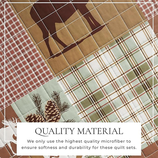 Great Bay Home Rustic Cabin King Size Quilt Set with Shams - All-Season, Lightweight, Reversible Bedspread - Lodge-Themed Summer Bedding Sets (King/California King, Hemlock Green/Brown)