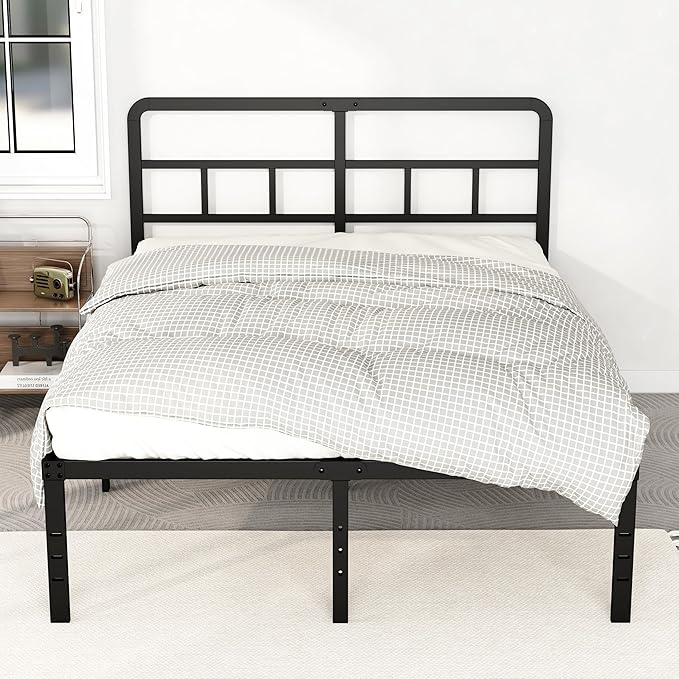 18 Inch Queen Bed Frame with Headboard No Box Spring Needed, Heavy Duty Metal Queen Size Platform with Steel Slat, Mattress Foundation, Easy Assembly, Noise Free, Black
