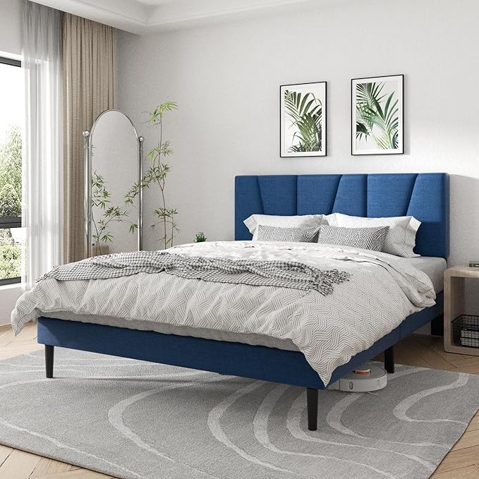 Full Size Platform Bed Frame with Geometric Upholstered Headboard, Noise Free, Wooden Slats Support, No Box Spring Needed, Easy Assembly, Blue, Linen