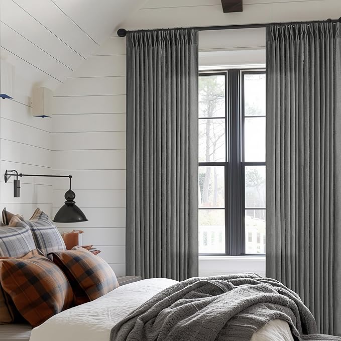 Charcoal Grey Pinch Pleated Linen Curtains 108 Inches Long for Living Room 2 Panels Set Flax Double Pleated Drapes Back Tab Farmhouse Neutral Ceiling Floor 108 Inch Window Curtains Bedroom Dark Grey