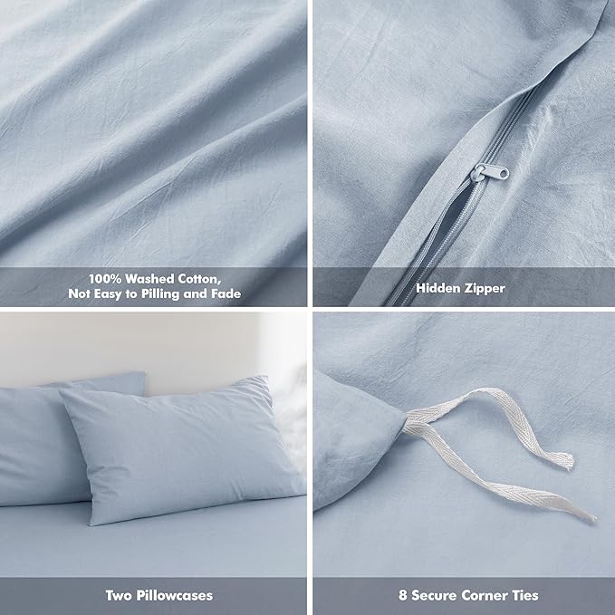 FOSSA Duvet Cover Set 100% Washed Cotton Linen Feel Super Soft Breathable Cozy 3 Pieces Bedding Sets Solid Sky Blue King