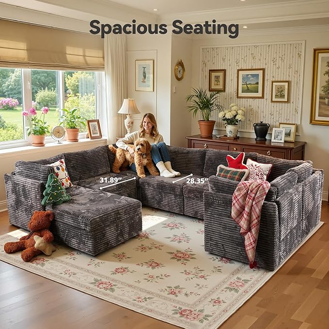 Large 8 Seat Modular Sectional Sofa with Ottoman Seat Corduroy Sleeper Sectional Sofa Bed Oversized Convertible Modular Couch for Living Room