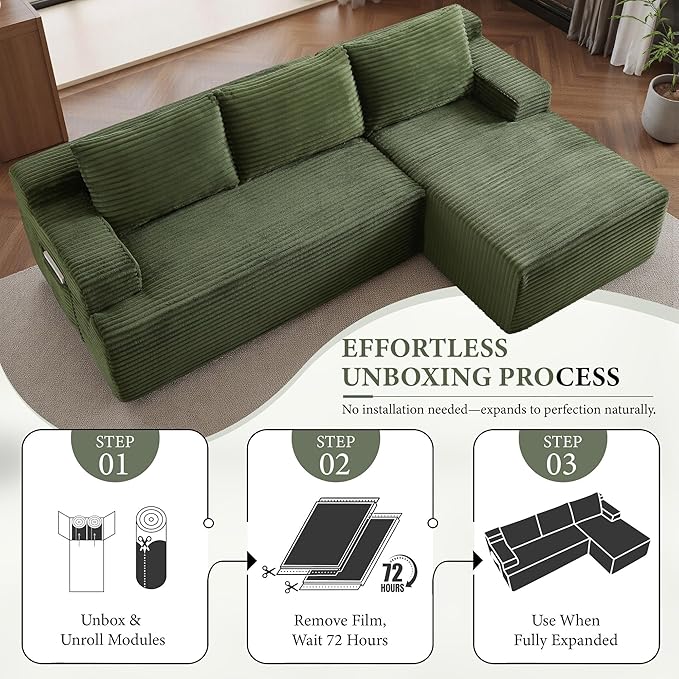 96''Sectional Couches for Living Room Modern Modular Sectional Sofa Upholstered Boneless Couch Comfy Cloud Couch with Chaise (Green, 96''W Right Facing Chaise)