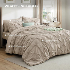 Bedsure California King Comforter Set Beige - Bed in a Bag Cal King Bedding Set 7 Pieces, GentleSoft™ Pintuck Bed Set Gift for Family, Pinch Pleat Beige Comforter with Sheets, Pillowcases & Shams