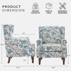 Lumibee Wingback Accent Chair, 2 Set High Back Floral Armchairs in Fabric,Comfy Upholstered Reading Single Sofa Chairs with Solid Wood Legs for Living Room,Bedroom,Office-Boho Blue