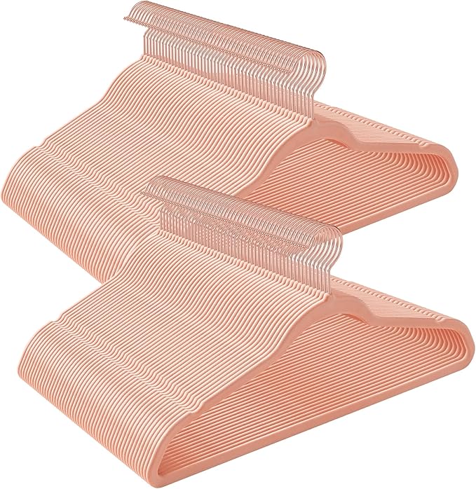 SONGMICS Slim Velvet Hangers, Non-Slip Clothes Hangers with Rose Gold Swivel Hooks, Space-Saving, for Closet, 100 Pack, Pink UCRF026R100