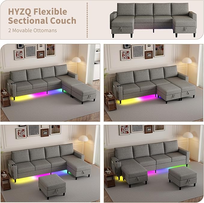 Sectional Couches for Living Room, 4 Seat Sectional Sofa with Smart Module-Wireless Charging/USB/Type-C/RGB Light, U Shaped Couch with Reversible Chaise Lounge/Storage Ottoman (Light Grey)
