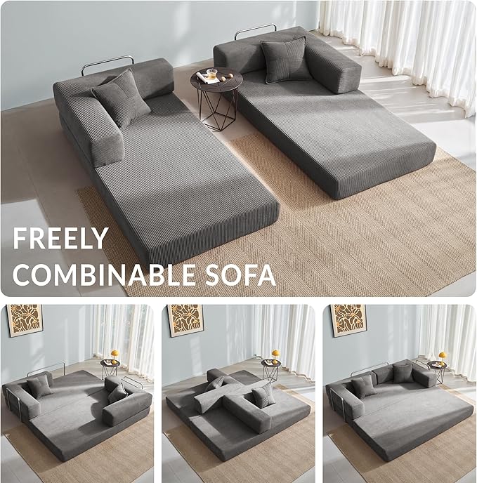 YINIX Foldable Sofa Bed, 78'' Folding Floor Couch, Compressed Convertable Sleeper Sofa, Memory Foam Couch with Pillow Back Support Armrest, 4-in-1 Futon Sofa Bed for Living Room, Light Gray