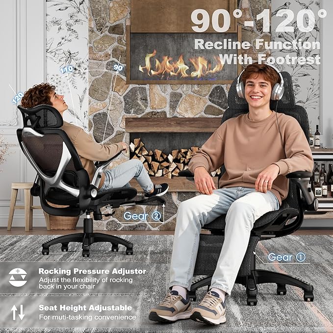 ELABEST X100 Ergonomic Mesh Office Chair with Footrest, Big and Tall Hone Desk Chair with 5D Flip-Up Arms, Adjustable 3D Lumbar Support,Gaming & Executive Computer Chairs for Long Hours(Midnight Mist)