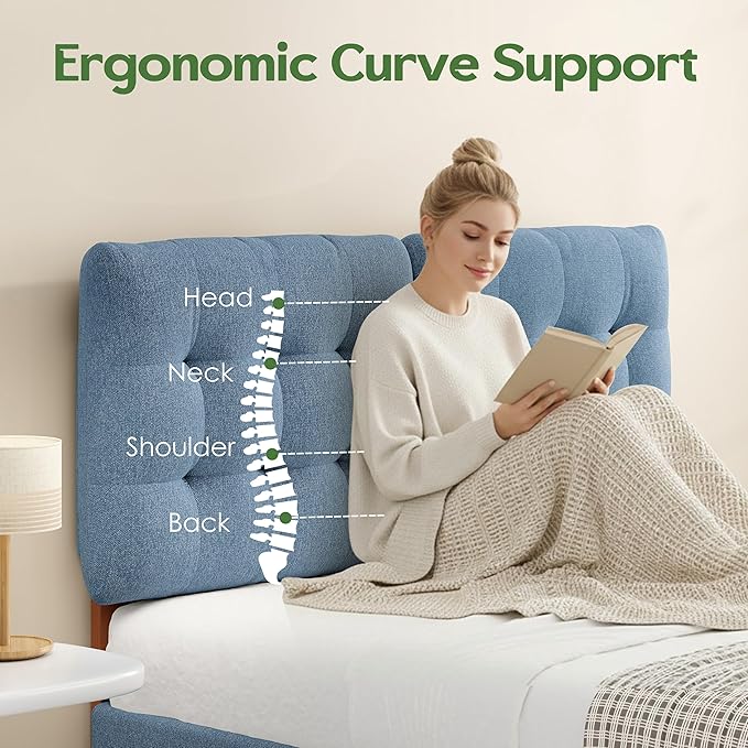 Upholstered Headboard Queen Size, Adjustable Height Queen Headboard Only from 39”to 44”with Durable Solid Wood Legs, Modern Button Diamond Fabric Bed Head Board with Width Adapters, Blue