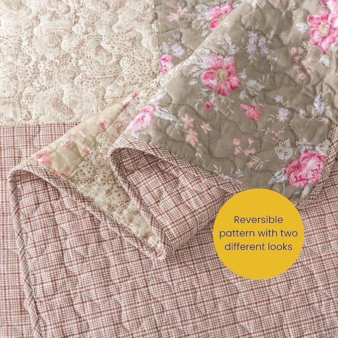 SLPR Secret Garden Patchwork Cotton Pieced Quilt Set - King with 2 Shams, Country Shabby Chic Bedding with Flower Pattern, Pink Floral Farmhouse Quilted Bedspread for All Seasons
