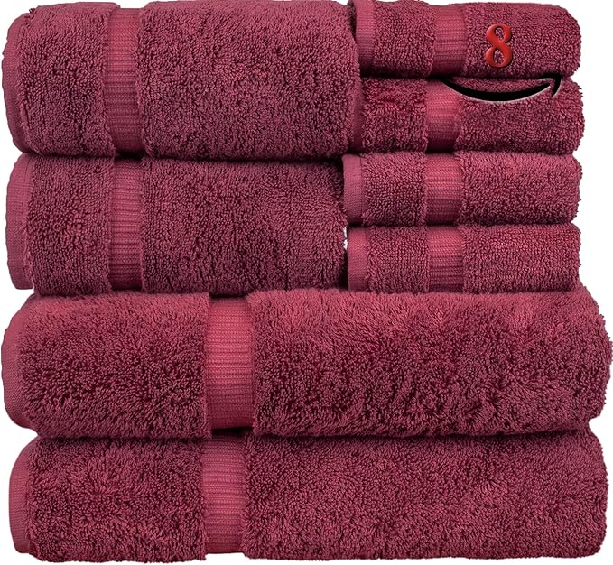 BC Bare Cotton Luxury Hotel & Spa Quality, Highly Absorbent 100% Turkish Cotton, 750+ GSM, Eco Friendly Towel, Bathroom and Kitchen Dobby Border Towels(8 Piece, Cranberry)