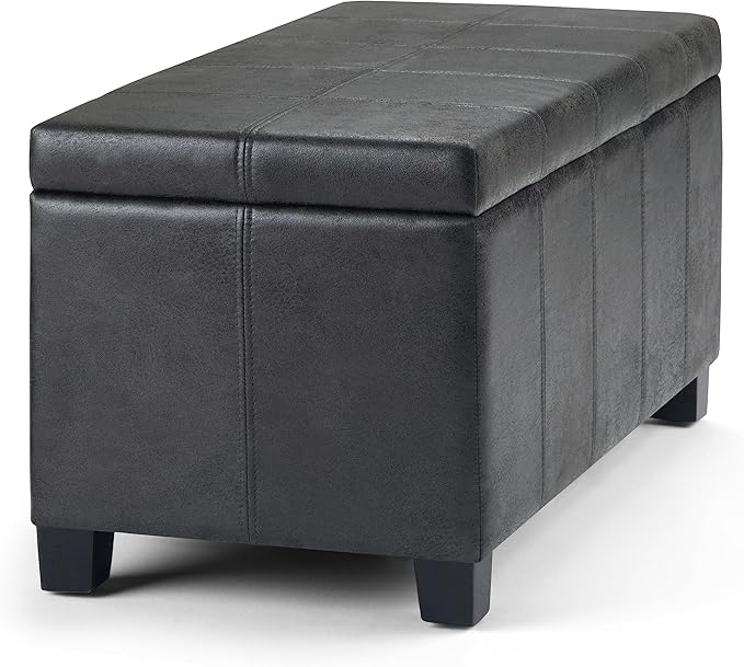 SIMPLIHOME Dover 36 inch Wide Contemporary Rectangle Storage Ottoman Bench in Distressed Black Vegan Faux Leather, Assembled, For the Living Room, Entryway and Family Room