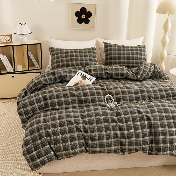ECOCOTT Buffalo Plaid Duvet Cover Queen Size – 3 Piece Washed Cotton Brown & Blue Bedding Set, Soft & Breathable, Reversible Checkered Design with Zipper Closure & Corner Ties