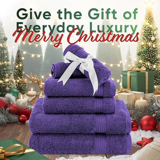 American Veteran Towel, 6 Piece Towel Set for Bathroom, 100% Cotton Turkish Bathroom Towels, 2 Bath Towels 2 Hand Towels 2 Washcloths, Purple