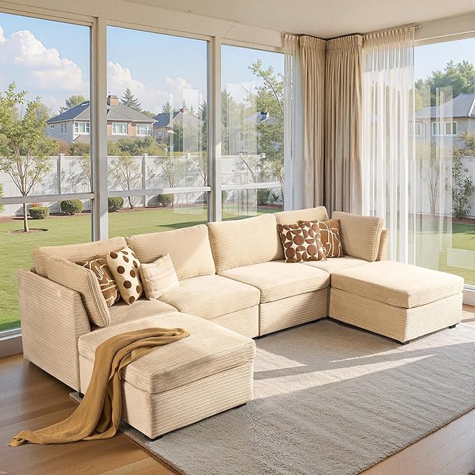 Large 6 Seat Modular Sectional Sofa with Ottoman Seat Corduroy Sleeper Sectional Sofa Bed Oversized Convertible Modular Couch for Living Room
