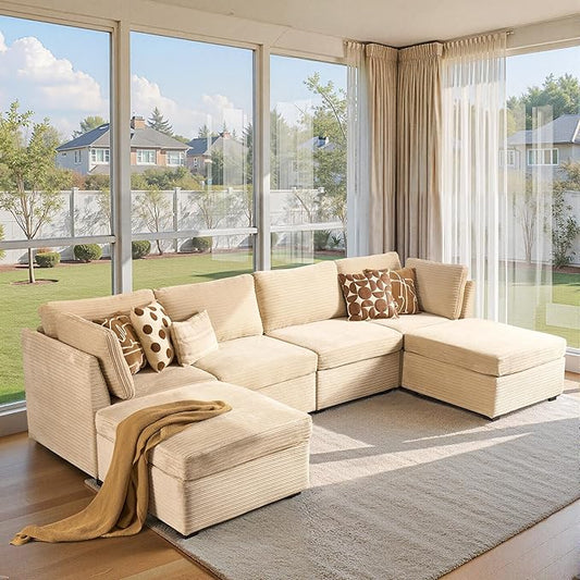 Large 6 Seat Modular Sectional Sofa with Ottoman Seat Corduroy Sleeper Sectional Sofa Bed Oversized Convertible Modular Couch for Living Room