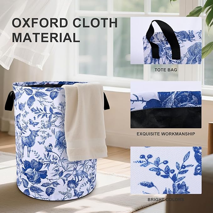 Blue Floral Laundry Basket Foldable Oxford Cloth Tote Bag Laundry Hamper Clothes Storage Bucket Organizer For Bathroom/Laundry Storage/Bedroom 19.6x15.7 Inch
