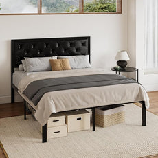 SHA CERLIN Full Size Metal Platform Bed Frame, PU Leather Upholstered Button Tufted Headboard, Mattress Foundation with 12.4” Under-Bed Storage, Noise-Free, Easy Assembly, No Box Spring Needed, Black