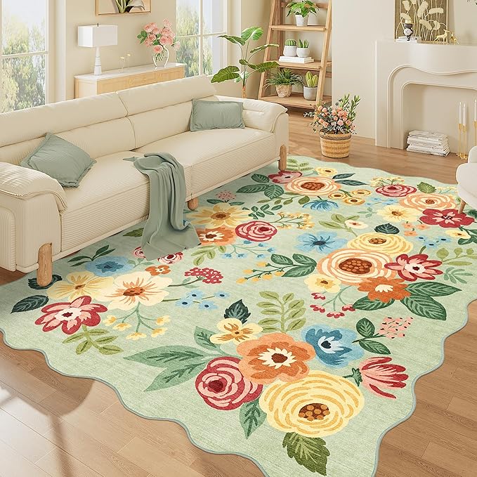 DUKINO 6x9 Area Rug, Floral Washable Rugs for Living Room with Non Slip Backing & Non-Shedding, Lightwight Low Pile Boho Design Large Carpets for Bedroom, Living Room, Dining Room, Green