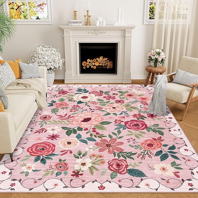 DUKINO 8x10 Area Rug, Floral Rugs for Living Room, Lightweight Non Slip Washable Rug, Indoor Low Pile & Non-Shedding Boho Design Rugs for Bedroom, Living Room, Dining Room, Pink