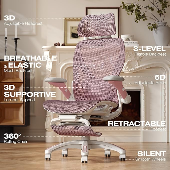 ELABEST X100 Ergonomic Mesh Office Chair with Footrest, Big and Tall Hone Desk Chair with 5D Flip-Up Arms, Adjustable 3D Lumbar Support,Gaming & Executive Computer Chairs for Long Hours