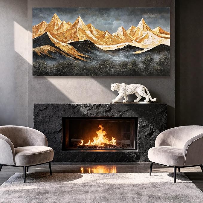 YETHEN WAL Golden Peaks Mountain Wall Art – Large Textured Landscape Canvas Print, Gold & Slate Mountain Scenery for Living Room or Bedroom, Horizontal 24×48 Inch