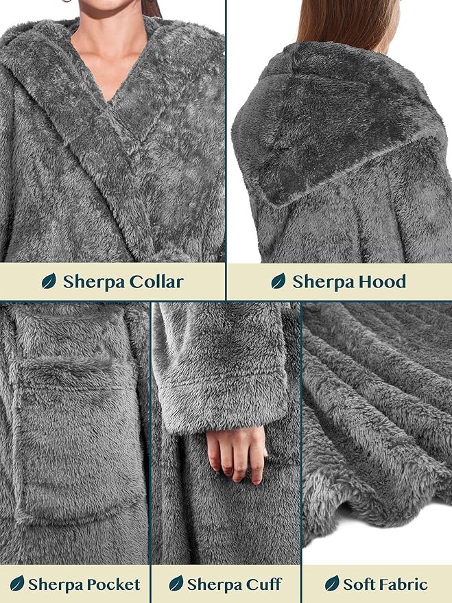 PAVILIA Women Hooded Plush Soft Robe | Fluffy Warm Fleece Sherpa Shaggy Bathrobe