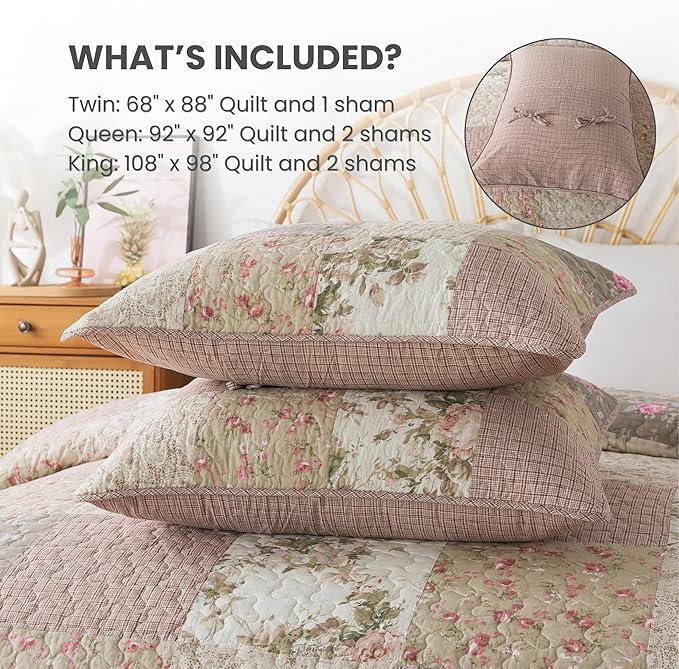 SLPR Secret Garden Patchwork Cotton Pieced Quilt Set - Queen with 2 Shams, Country Shabby Chic Bedding with Flower Pattern, Pink Floral Farmhouse Quilted Bedspread for All Seasons