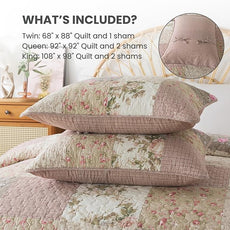 SLPR Secret Garden Patchwork Cotton Pieced Quilt Set - Queen with 2 Shams, Country Shabby Chic Bedding with Flower Pattern, Pink Floral Farmhouse Quilted Bedspread for All Seasons
