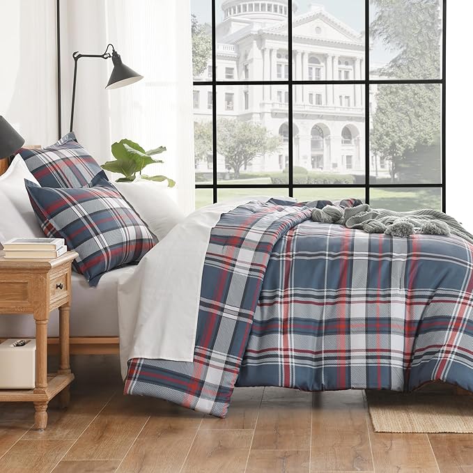 Andency Navy Red Plaid Comforter Set Queen(90x90Inch), 3 Pieces Grid Gingham Stripes Bedding Comforter Sets for Boys Girls Kids Teens, Preppy Geometric Line Soft Lightweight Reversible Bed Set as Gift