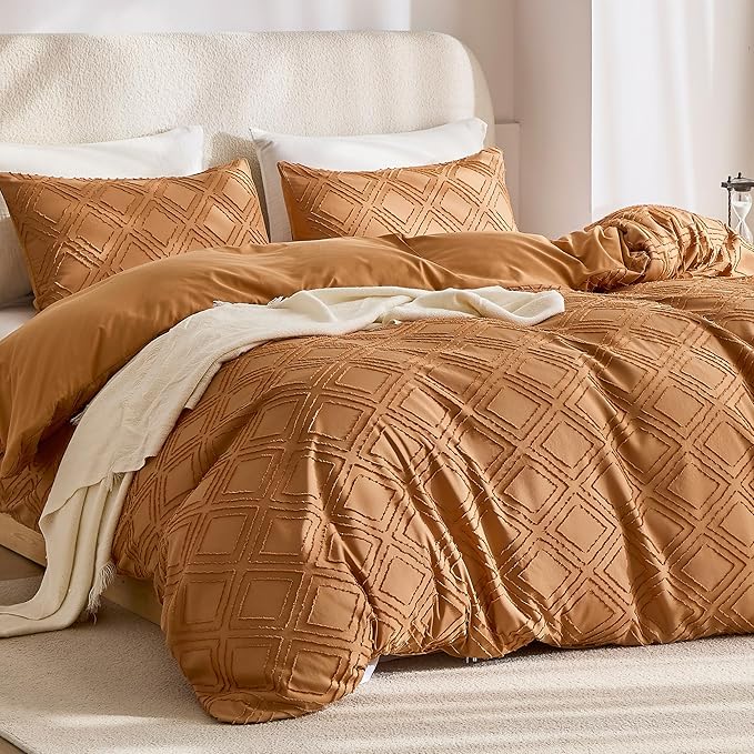 JELLYMONI Duvet Cover King Size Rust - 3PCS Boho Duvet Cover Set Plaid Polyester Tufted Bohemian Jacquard Knit Textured Comforter Cover 104×90in Rhombic Geometric Pattern Zipper Corner Tie