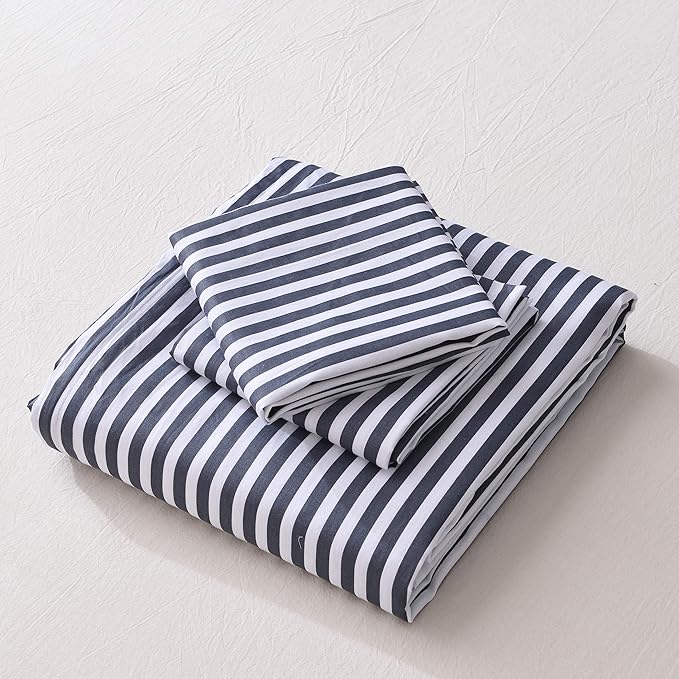 JELLYMONI 100% Natural Cotton 2pcs Striped Duvet Cover Sets,White Duvet Cover with Navy Blue Stripes Pattern Printed Comforter Cover,with Zipper Closure & Corner Ties(Twin Size)
