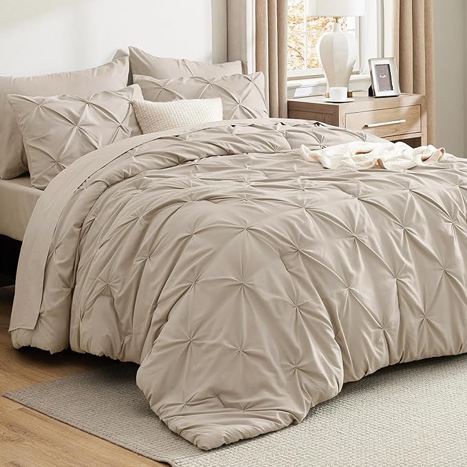 Bedsure California King Comforter Set Beige - Bed in a Bag Cal King Bedding Set 7 Pieces, GentleSoft™ Pintuck Bed Set Gift for Family, Pinch Pleat Beige Comforter with Sheets, Pillowcases & Shams