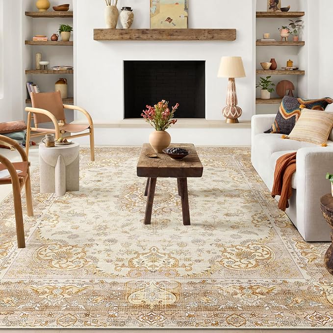 Beige Rug 6'x9' Area Rugs,Boho Washable Rug for Living Room Bedroom Dining Room,Large Vintage Bohemian Distressed Oriental Carpet Non Slip,Retro Gold Floral