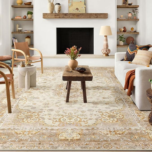 Beige Rug 6'x9' Area Rugs,Boho Washable Rug for Living Room Bedroom Dining Room,Large Vintage Bohemian Distressed Oriental Carpet Non Slip,Retro Gold Floral