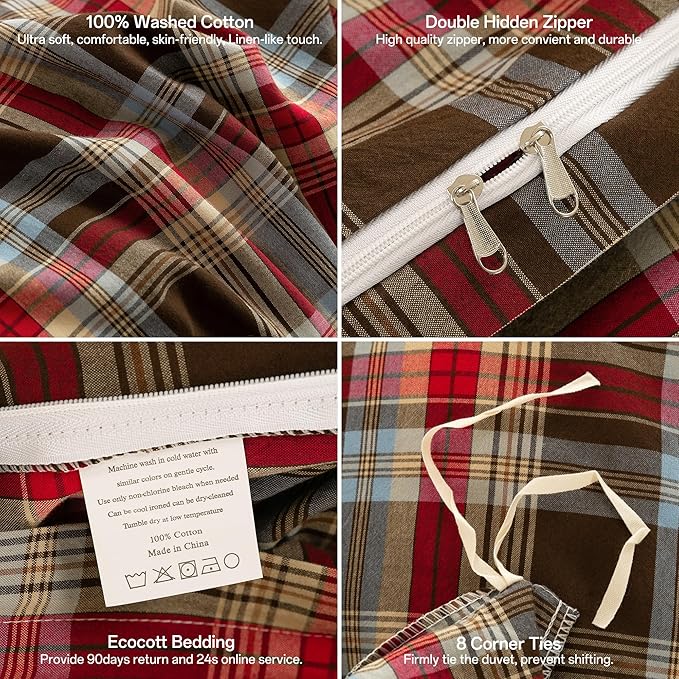 ECOCOTT Buffalo Plaid Duvet Cover Queen Size– 3 Piece Washed Cotton Bedding Set with Classic Checkered Pattern, Red & Brown Duvet Cover with Pillowcases for All Seasons