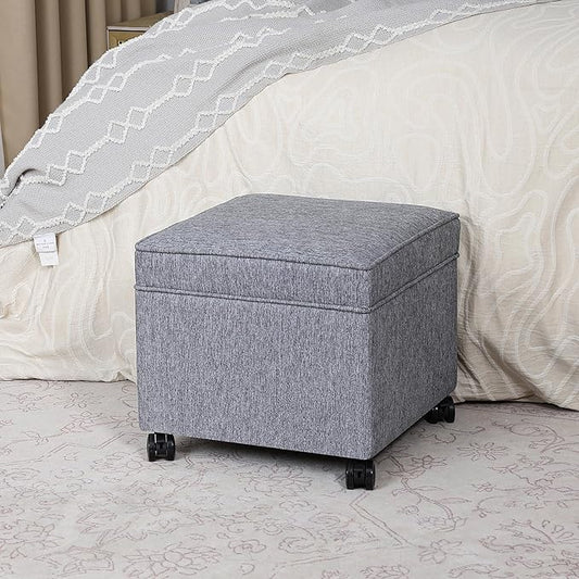 Adeco 17.5" Grey Square Storage Ottoman with Wheels, Modern Cotton Linen Foot Stool with Rollers - Movable & Convenient & Practical, Small Footstool for Living Room, Bedroom