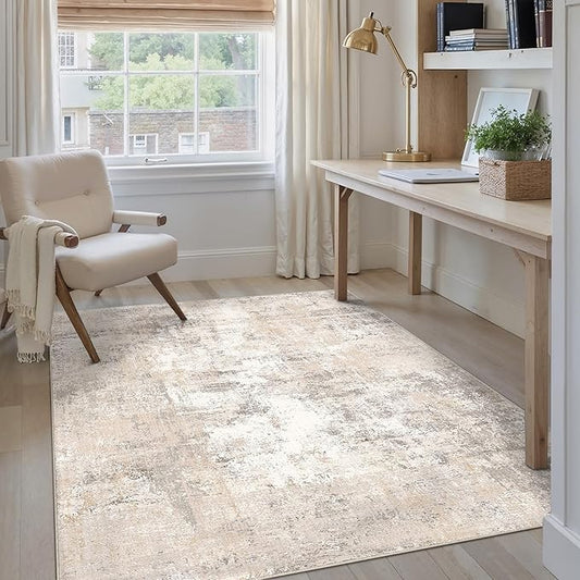 4x5 Washable Area Rug Beige Grey Abstract Entryway Office Throw Rug Neutral Modern Non Slip Soft Low Pile Indoor Carpet for Living Room Bedroom Kitchen Entrance