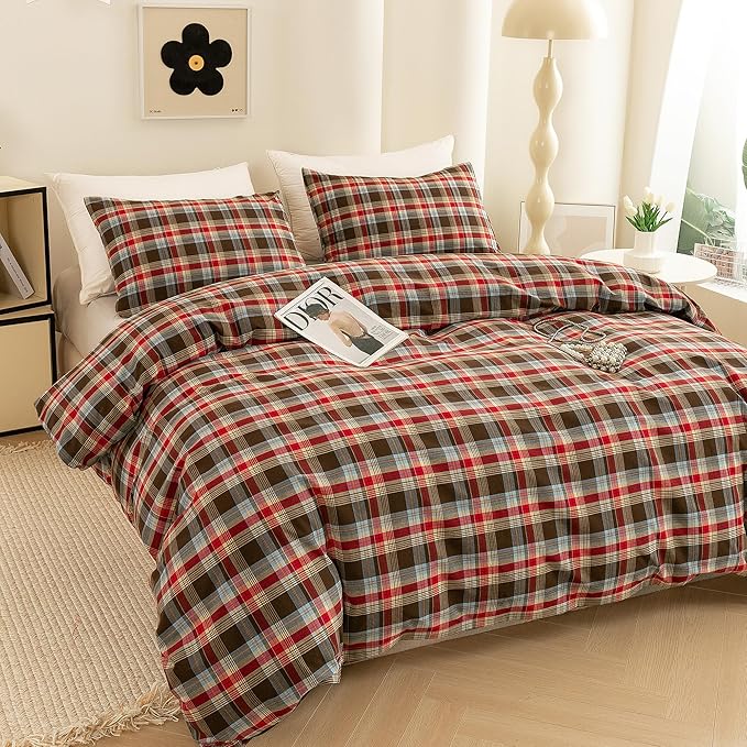 ECOCOTT Buffalo Plaid Duvet Cover Queen Size– 3 Piece Washed Cotton Bedding Set with Classic Checkered Pattern, Red & Brown Duvet Cover with Pillowcases for All Seasons