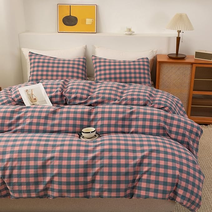 ECOCOTT Duvet Cover Oversized King Size, 100% Washed Cotton Linen-Like Soft & Breathable, Durable Comfy Bedding Set for All Seasons, Purple Pink Plaid