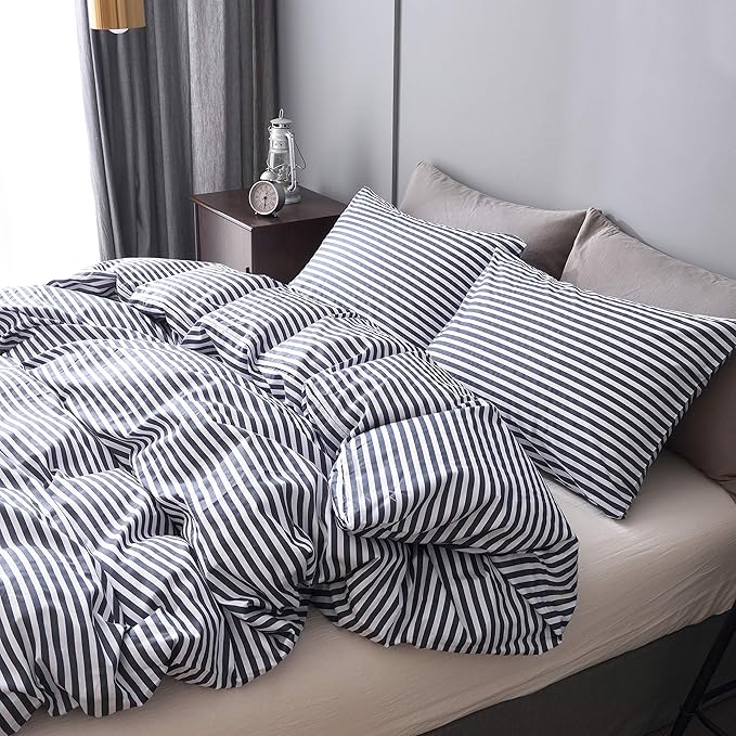 JELLYMONI 100% Natural Cotton 2pcs Striped Duvet Cover Sets,White Duvet Cover with Navy Blue Stripes Pattern Printed Comforter Cover,with Zipper Closure & Corner Ties(Twin Size)