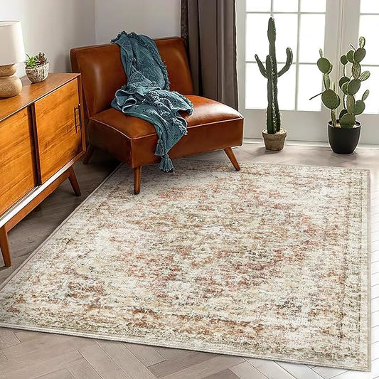 Washable Area Rug 4'x6' Vintage Traditional Floor Cover Foldable Thin Rugs Retro Kitchen Indoor Distressed Non Slip Carpet Floral Print Mat Bedroom Living Room