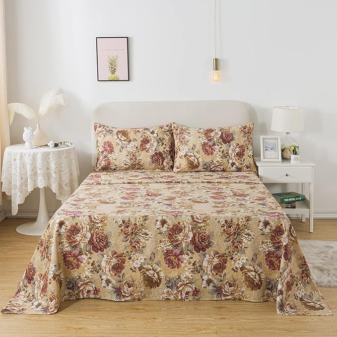 FADFAY Sheets Set King Tan Peony Floral Bed Sheet Set Vintage Farmhouse Bedding 100% Cotton Ultra Soft Breathable Bedding with Deep Pocket Fitted Sheet 4Pcs, King Size