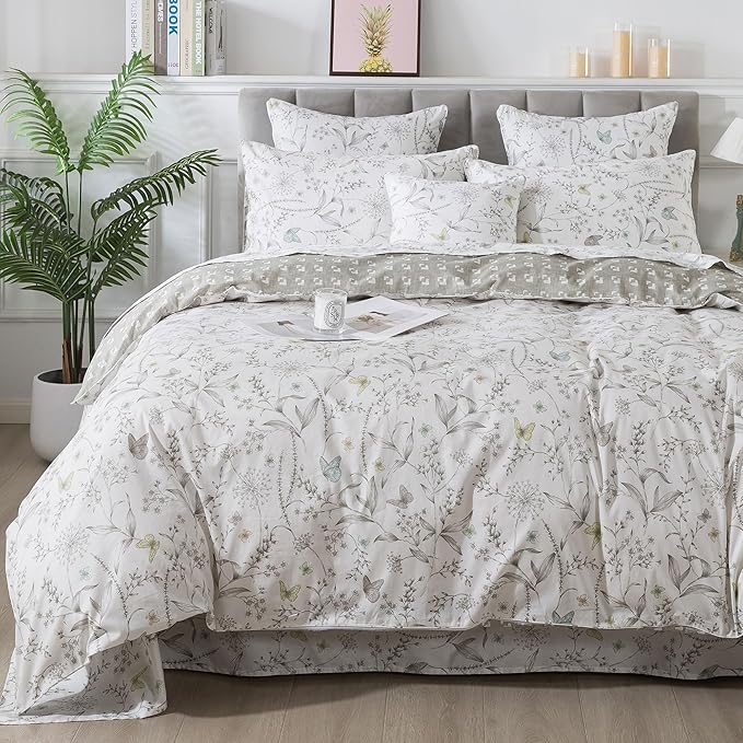 FADFAY Duvet Cover Set Queen Colorful Butterfly Bedding Vintage Botanical Comforter Cover Set Shabby Branches Bedding 100% Cotton Ultra Soft Quilt Cover with Hidden Zipper Closure 3Pcs, Queen Size