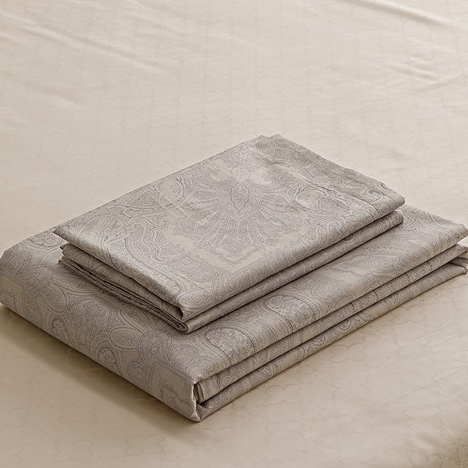 HeimenAogo Egyptian Cotton Duvet Cover Queen Size Sateen Weave, Silky Soft Boho Duvet Cover Zipper Closure, Long Staple Cotton Bed Linen Boteh Damask Medallion Paisley 3Pcs